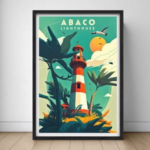 Plakat podróżny Abaco Lighthouse, wydruk ścienny Abaco Bahamas, ilustracja malarska Abaco Lighthouse, drukowana dekoracja domu Abaco Watercolor