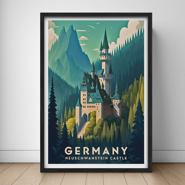 Germany Neuschwanstein Castle Travel Poster,Germany Castle Wall Art Print,Germany Castle Painting Illustration,Printable Germany Watercolor