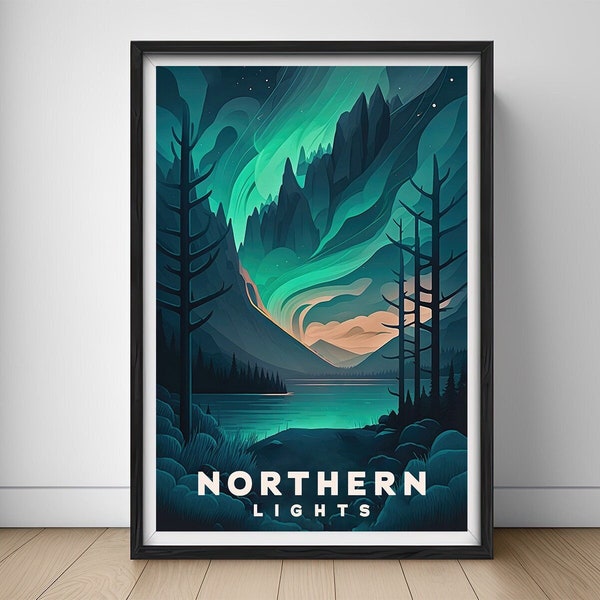 Cartel de viaje de la aurora boreal, impresión de arte de pared de la aurora boreal, cielo nocturno de Aurora, ilustración de pintura de Aurora, acuarela de Aurora, decoración del hogar