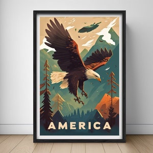 Cartel de viaje de los Estados Unidos de América, impresión de arte de pared de América, ilustración de pintura de América, decoración del hogar de acuarela de águila americana imprimible