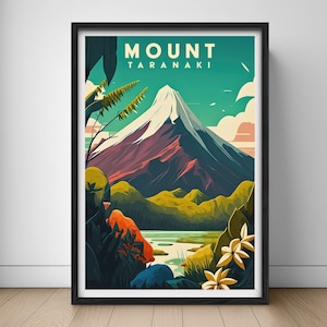 Mount Taranaki NZ Travel Poster,Mount Taranaki NZ Wall Art Print,Mt Taranaki NZ Painting Illustration,Printable New Zealand Watercolor Decor