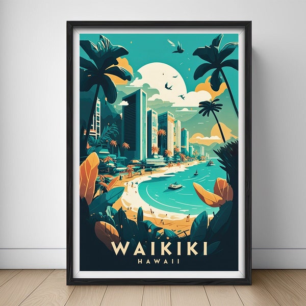 Waikiki Hawaii Travel Poster,Waikiki Hawaii Wall Art Print,Waikiki Hawaii Painting Illustration,Printable Waikiki Hawaii Watercolor Decor