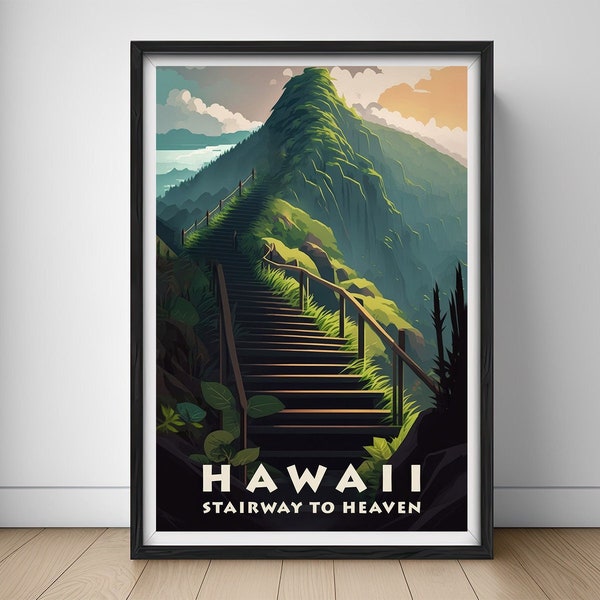 Hawaii Stairway to Heaven Travel Poster,Hawaii Stairway to Heaven Wall Art Print,Hawaii Painting Illustration,Printable Hawaii Watercolor
