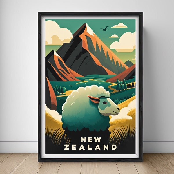 New Zealand Travel Poster,New Zealand Print,New Zealand Wall Art Print,New Zealand Painting,NZ Illustration,Sheep NZ Watercolor,Home Decor