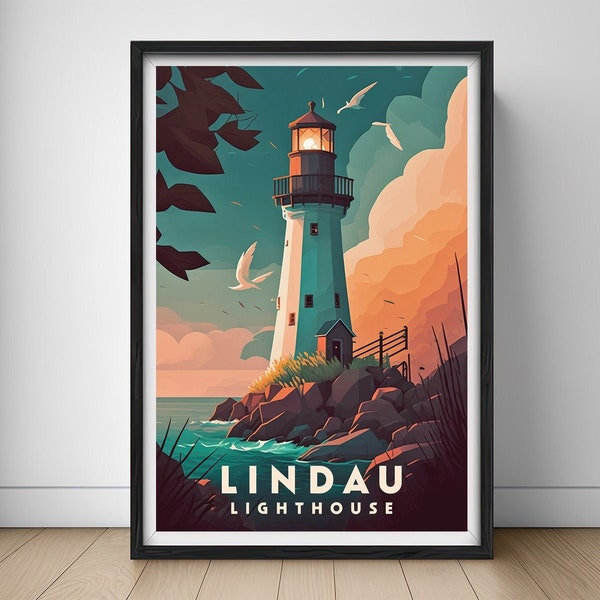 Lindau Lighthouse Travel Poster,Lindau Lighthouse Wall Art Print,Germany Painting Illustration,Printable Lindau Lighthouse Watercolor Decor