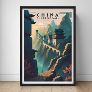 Cartel de viaje de la Gran Muralla China, impresión de arte de la pared de China, pintura de Beijing, ilustración de la Gran Muralla, decoración del hogar de la acuarela de China imprimible