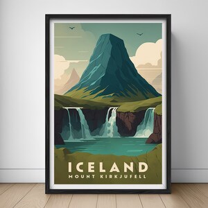 May include: A vintage travel poster design featuring a green mountain with a waterfall in front of it. The text on the poster reads "Iceland, Mount Kirkjufell".