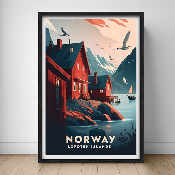 Norway Lofoten Islands Travel Poster,Norway Wall Art Print,Norway Painting,Lofoten Islands Illustration,Printable Norway Watercolor Decor