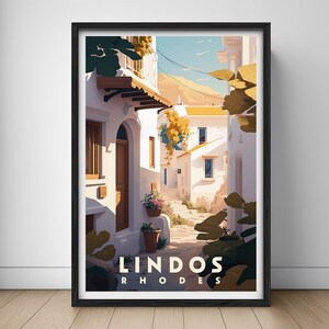Lindos Rhodes Travel Poster,Lindos Rhodes Wall Art Print,Lindos Greece Painting Illustration,Printable Lindos Greece Watercolor Home Decor