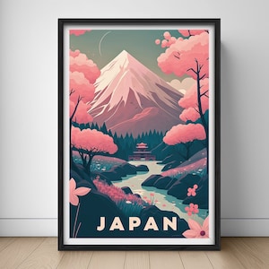 May include: A vintage travel poster featuring a stylized illustration of Mount Fuji, a traditional Japanese temple, and cherry blossoms. The poster is framed in black and has the word "JAPAN" printed in bold, white letters at the bottom.