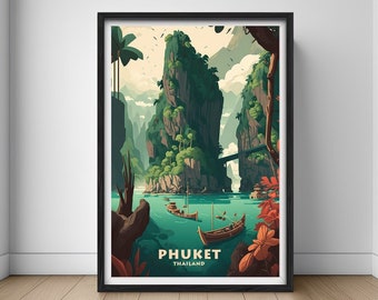 May include: A vintage travel poster design featuring a scenic view of a lush green island with towering cliffs and a bridge connecting them. The poster has the text "PHUKET THAILAND" at the bottom.