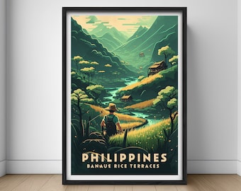 May include: A vintage travel poster featuring a green and brown landscape with a river winding through it. The poster says "Philippines, Banaue Rice Terraces" and depicts a person in a hat walking through the landscape.