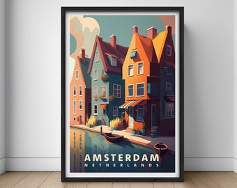 Póster de viaje de Ámsterdam, Países Bajos, Impresión de arte mural de Ámsterdam, Ilustración de pintura de Ámsterdam, Acuarela de Ámsterdam imprimible