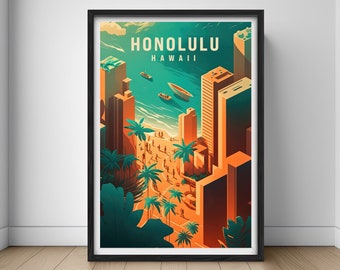 May include: A colorful illustration of Honolulu, Hawaii, with tall buildings, palm trees, and people walking on a beach. The text "HONOLULU HAWAII" is at the top of the image.
