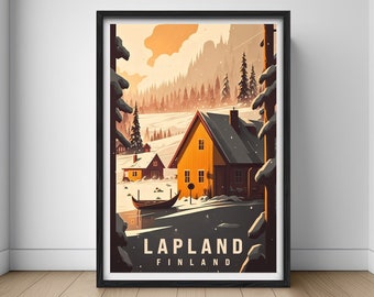 ラップランドの冬景色水彩画プリント、フィンランド旅行ポスター