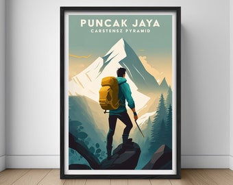 Affiche de voyage de montagne de Pancak Jaya, impression d’art mural du mont Pancak Jaya, illustration de peinture de pyramide de Carstensz, aquarelle imprimable de Pancak Jaya