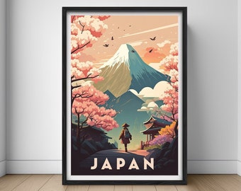 May include: A vintage travel poster featuring a stylized illustration of Mount Fuji with cherry blossoms in the foreground. The text "JAPAN" is printed at the bottom of the poster.
