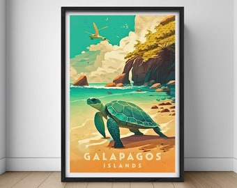 Pode incluir: Um cartaz de viagem vintage com uma tartaruga marinha verde caminhando por uma praia de areia com água turquesa e um penhasco rochoso ao fundo. O cartaz tem o texto "GALAPAGOS ISLANDS" na parte inferior.