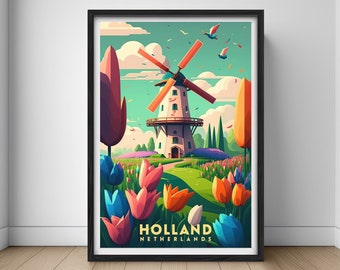 Holland Windmill Watercolor Art Print: Netherlands Travel Poster (Digital Download)
