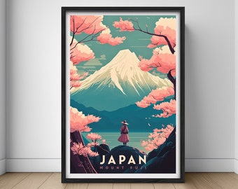 May include: A vintage travel poster featuring Mount Fuji, a snow-capped mountain, with pink cherry blossoms in the foreground. The text "JAPAN MOUNT FUJI" is at the bottom of the poster.