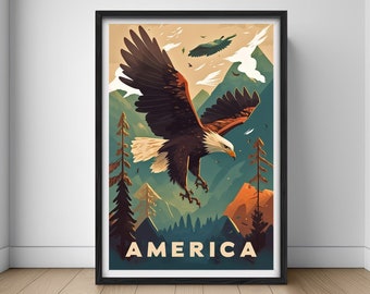 United States of America Travel Poster,America Wall Art Print,America Painting Illustration,Printable American Eagle Watercolor Home Decor