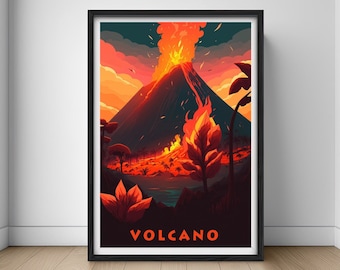 Póster de viaje de volcanes, lámina de volcanes, lámina de arte mural de volcanes, volcán, pintura de volcanes, ilustración de volcanes, acuarela de volcanes, arte para la decoración del hogar