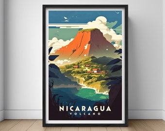 Nicaragua Volcano Travel Poster,Nicaragua Volcano Wall Art Print,Nicaragua Painting Illustration,Printable Nicaragua Watercolor Home Decor