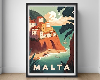 Póster de viaje de Malta, impresión de arte mural de Malta, pintura de Malta, ilustración de Malta, decoración del hogar imprimible de Malta.
