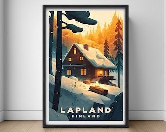 ラップランドの冬景色水彩画プリント、フィンランド旅行ポスター