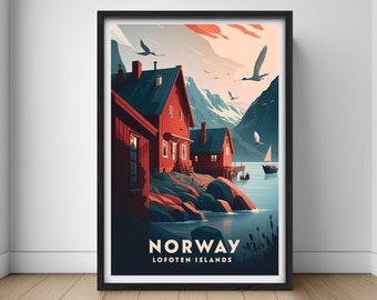 Norway Lofoten Islands Travel Poster,Norway Wall Art Print,Norway Painting,Lofoten Islands Illustration,Printable Norway Watercolor Decor