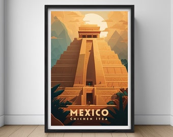 Chichen Itza Mexico Travel Poster,Mexico Wall Art Print,Mexico Painting,Chichen Itza Travel Art Poster,Printable Mexico Pyramid Wall Decor