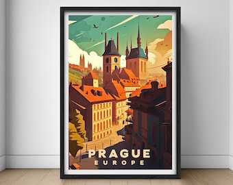 Prague Europe Travel Poster,Prague Europe Wall Art Print,Prague Europe Painting Illustration,Printable Prague Europe Watercolor Home Decor