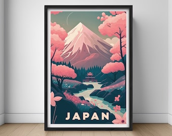 Könnte beinhalten: Ein Vintage-Reiseposter mit einer stilisierten Illustration des Mount Fuji, eines traditionellen japanischen Tempels und Kirschblüten. Das Poster ist in Schwarz gerahmt und trägt den Schriftzug "JAPAN" in fetten, weißen Buchstaben am unteren Rand.