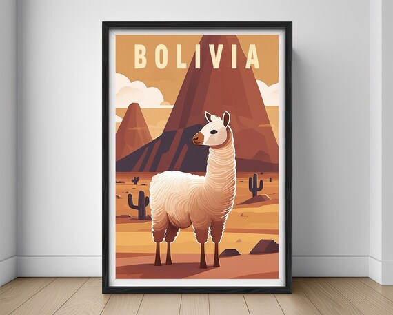 Bolivia Llama Travel Poster,Bolivia Llama Wall Art Print,Bolivia Llama Painting Illustration,Printable Bolivia Llama Watercolor Home Decor