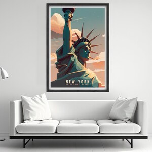 May include: A framed poster with a colorful illustration of the Statue of Liberty in New York City. The poster has the text "NEW YORK STATE OF LIBERTY" at the bottom.