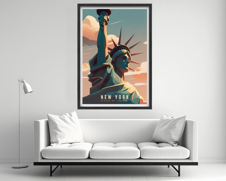 May include: A framed poster with a colorful illustration of the Statue of Liberty in New York City. The poster has the text "NEW YORK STATE OF LIBERTY" at the bottom.