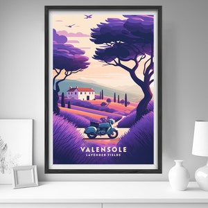May include: A vintage motorcycle drives down a road through a field of purple lavender flowers. A white house with a red roof is visible in the distance. The text "VALENSOLE LAVENDER FIELDS" is at the bottom of the image.