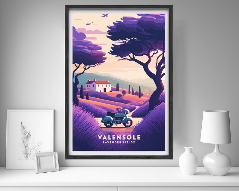 May include: A vintage motorcycle drives down a road through a field of purple lavender flowers. A white house with a red roof is visible in the distance. The text "VALENSOLE LAVENDER FIELDS" is at the bottom of the image.