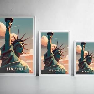 May include: Three framed prints of the Statue of Liberty in New York City. The prints are in different sizes and feature a stylized illustration of the statue against a colorful sunset sky. The text on the prints reads "New York, Statue of Liberty".