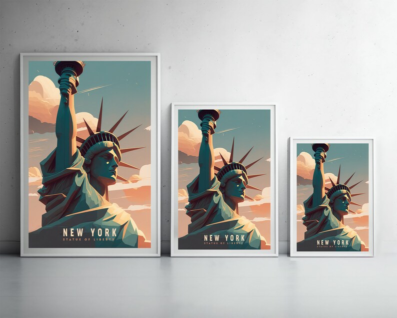 May include: Three framed prints of the Statue of Liberty in New York City. The prints are in different sizes and feature a stylized illustration of the statue against a colorful sunset sky. The text on the prints reads "New York, Statue of Liberty".