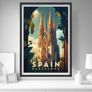 May include: A vintage travel poster featuring a tall, ornate church with a golden facade. The poster is set against a blue sky with a crescent moon and stars. The text "SPAIN BARCELONA" is printed in a retro font at the bottom of the poster.