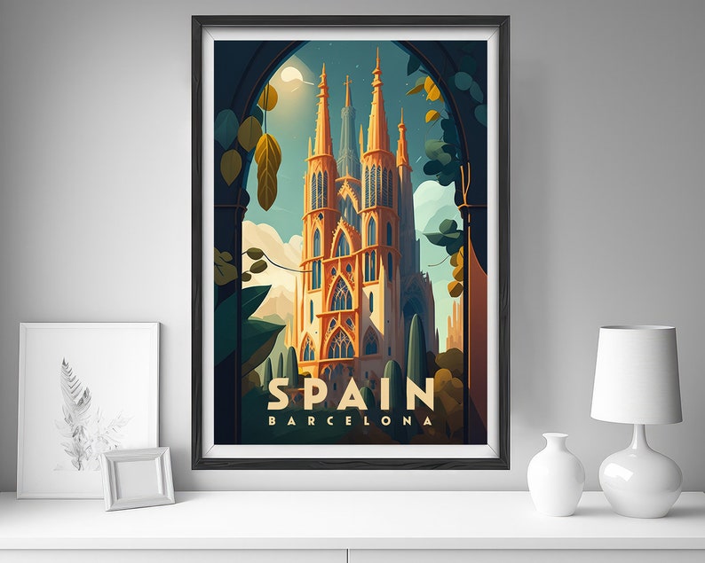 May include: A vintage travel poster featuring a tall, ornate church with a golden facade. The poster is set against a blue sky with a crescent moon and stars. The text "SPAIN BARCELONA" is printed in a retro font at the bottom of the poster.