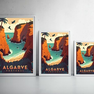 May include: Three framed illustrations of a coastal landscape in Algarve, Portugal. Each illustration features a rocky cliffside with a beach and turquoise water. The text "ALGARVE PORTUGAL" is printed on each illustration.