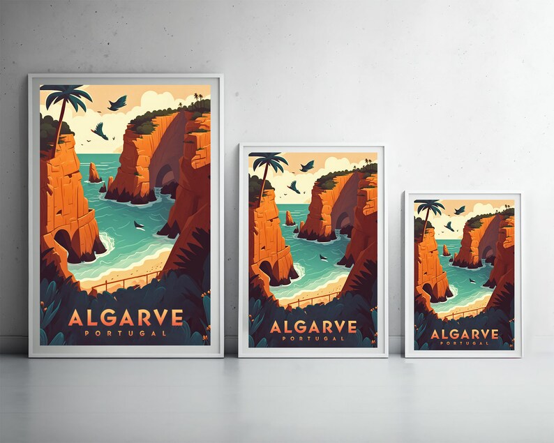 May include: Three framed illustrations of a coastal landscape in Algarve, Portugal. Each illustration features a rocky cliffside with a beach and turquoise water. The text "ALGARVE PORTUGAL" is printed on each illustration.