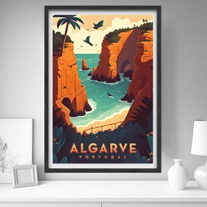 May include: A colourful illustration of a rocky coastline with a beach and turquoise water. The text "ALGARVE PORTUGAL" is at the bottom of the image.