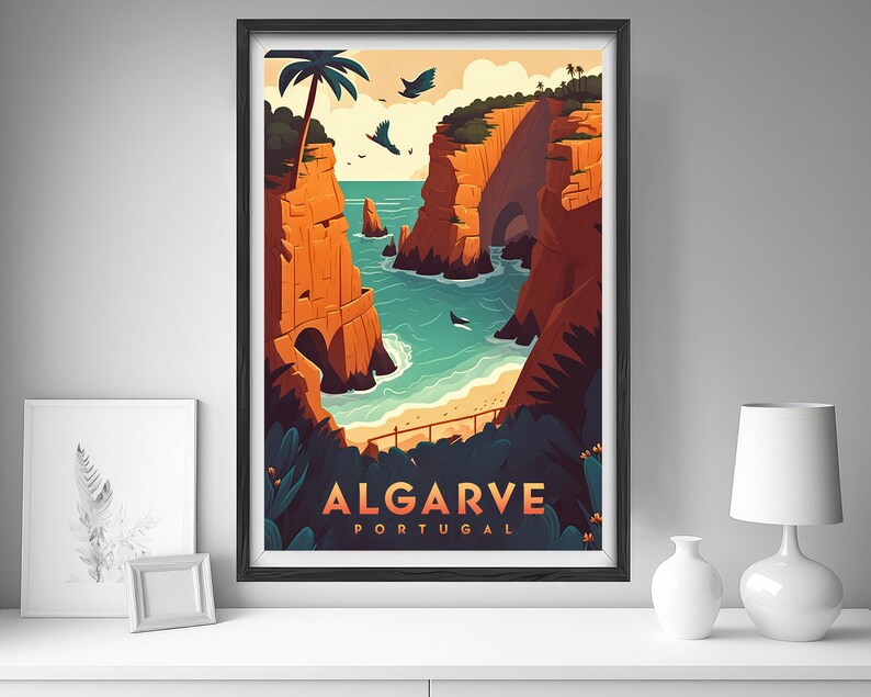 May include: A colourful illustration of a rocky coastline with a beach and turquoise water. The text "ALGARVE PORTUGAL" is at the bottom of the image.