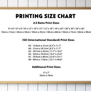 May include: A white framed chart with the title "Printing Size Chart" and lists different print sizes in inches and centimetres. The chart is divided into two sections: "2:3 Ratio Print Sizes" and "ISO (International Standard) Print Sizes".