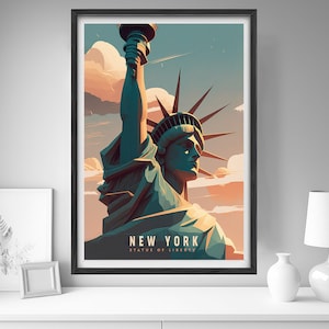 May include: A retro-style poster featuring a stylized illustration of the Statue of Liberty in New York City. The poster has a blue, green, and orange color scheme and the text "NEW YORK STATUE OF LIBERTY".
