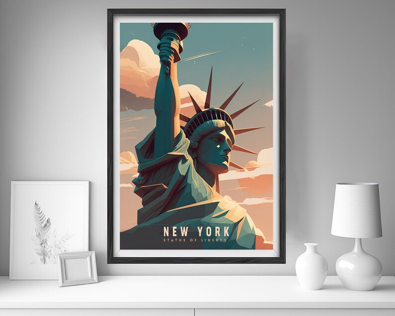 May include: A retro-style poster featuring a stylized illustration of the Statue of Liberty in New York City. The poster has a blue, green, and orange color scheme and the text "NEW YORK STATUE OF LIBERTY".