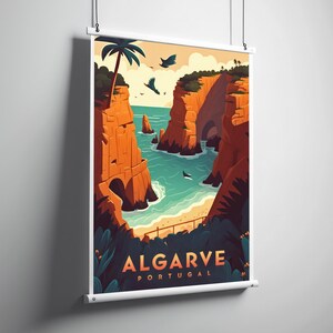 May include: A colourful illustration of a rocky coastline with a beach and turquoise water. The text "ALGARVE PORTUGAL" is at the bottom of the image.
